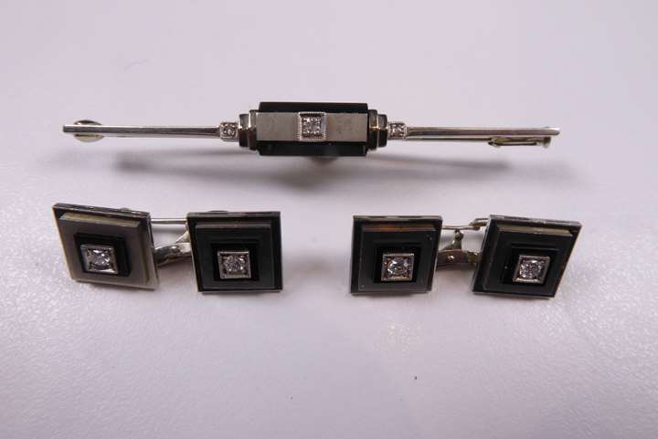 Pair of diamond, onyx and black enamel square panel cufflinks set in 18ct white gold with a matching tie pin
